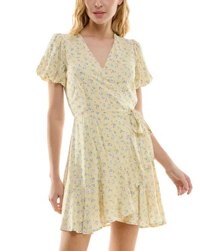 Trixxi Juniors' Floral Print Puff-sleeve Ruffled Wrap Dress In Yellowflor