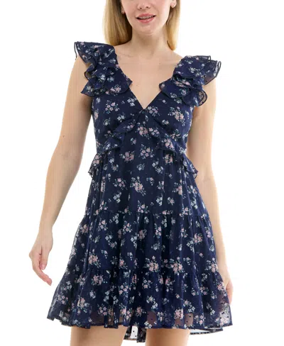 Trixxi Juniors' Floral Ruffle Clip-dot Mini Dress In Navy,pink