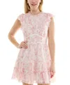 Trixxi Juniors' Flutter-sleeve Tiered Mini Dress In White,pink