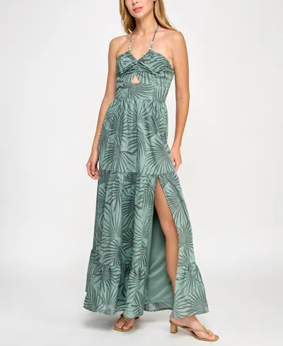 Trixxi Juniors' Printed Cotton Tiered Halter Maxi Dress In Green