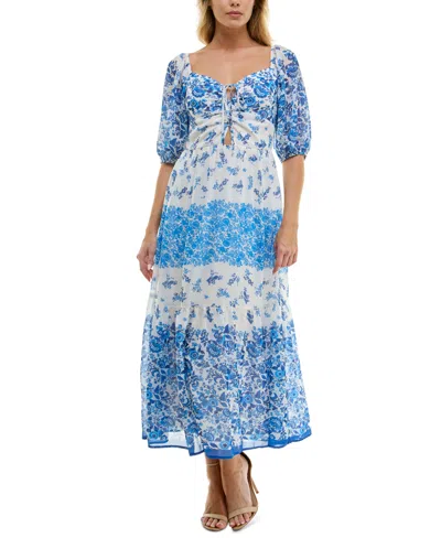 Trixxi Juniors' Printed Cutout-front Elbow-sleeve Maxi Dress In White Blue Multi