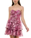 Trixxi Juniors' Printed Strapless Embroidered Tiered Dress