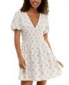 Trixxi Juniors' Puff-sleeve Surplice Ruched Fit & Flare Dress In White