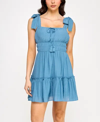 Trixxi Juniors' Square-neck Tie-strap Fit & Flare Dress In Blue