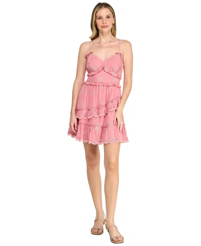 Trixxi Juniors' Sweetheart Neck Embroidered Short Dress In Pink