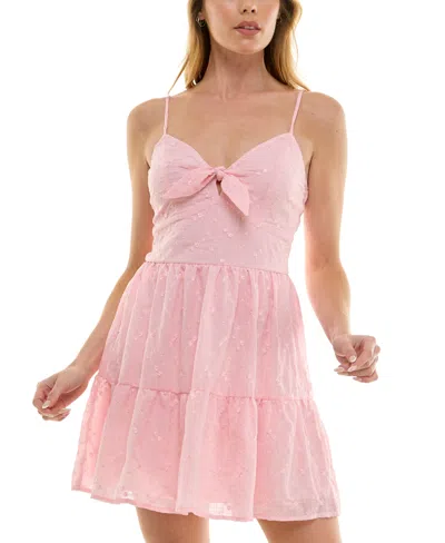 Trixxi Juniors' Tie-front Embroidered Mini Dress In Pink