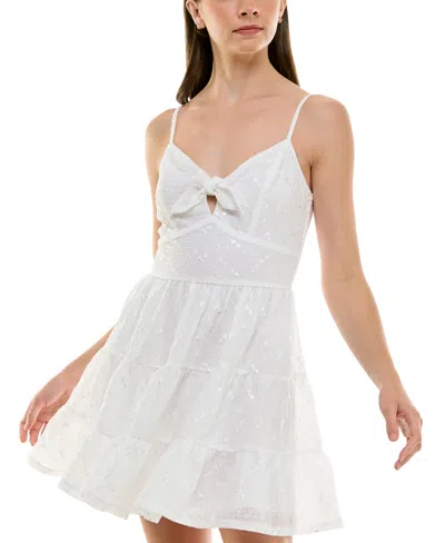 Trixxi Juniors' Tie-neck Floral Embroidered Fit & Flare Dress