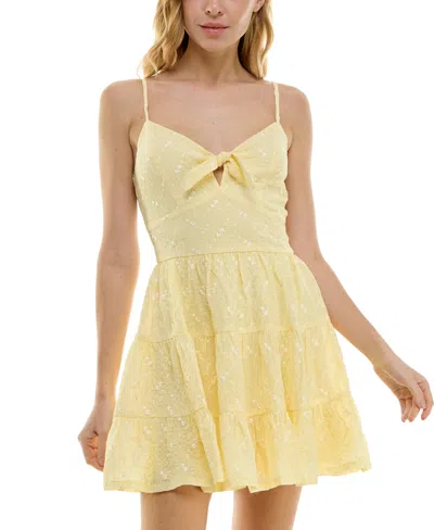 Trixxi Juniors' Tie-neck Floral Embroidered Fit & Flare Dress In Yellow
