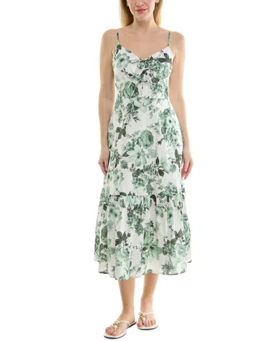 Trixxi Juniors' V-neck Bow-front Sleeveless Midi Dress In White,green