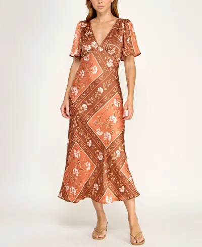 Trixxi Juniors' V-neck Flutter-sleeve Slim-fit Midi Dress In Brown