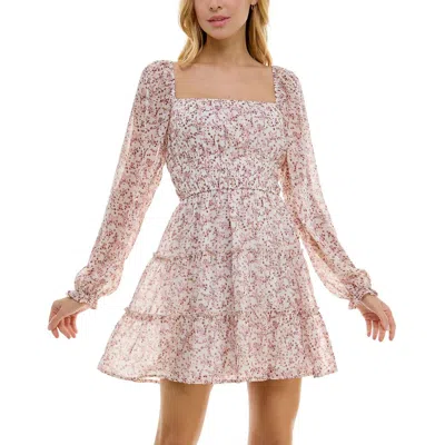 Trixxi Juniors Womens Floral Print Polyester Mini Dress In Pink,ivory