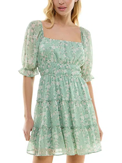Trixxi Juniors Womens Floral Smocked Mini Dress In Oliveflor