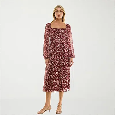 Trixxi Womens Juniors Midi Sweetheart Neck Long Sleeve Floral A-line Dress In Red
