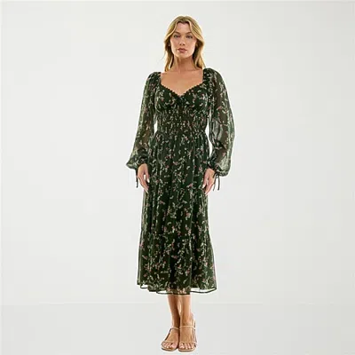 Trixxi Womens Juniors Midi Sweetheart Neck Long Sleeve Puffed Floral Fit + Flare Dress In Green
