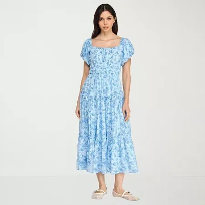 Trixxi Womens Juniors Short Sleeve Midi Floral A-line Dress In Blue