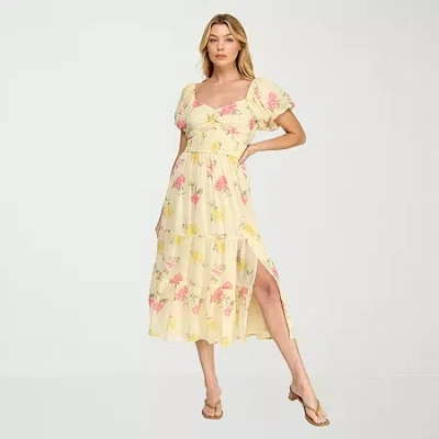 Trixxi Womens Juniors Short Sleeve Midi Floral A-line Dress In Yellow