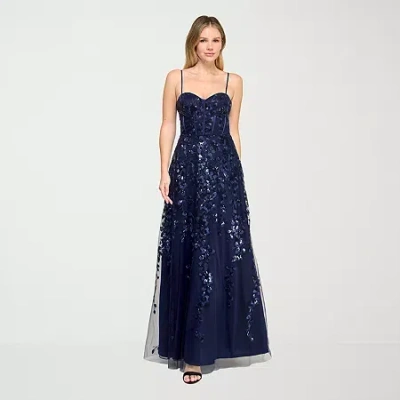Trixxi Womens Juniors Sleeveless Sequin Floral Ball Gown In Blue