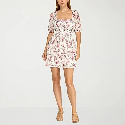 Trixxi Womens Juniors Straight Neck Short Sleeve Puffed Chiffon Floral Fit + Flare Dress In Multi