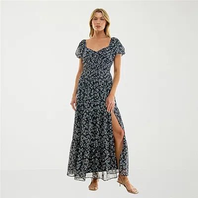 Trixxi Womens Juniors Sweetheart Neck Short Sleeve Floral A-line Dress In Blue