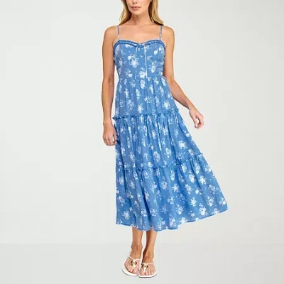 Trixxi Womens Juniors Sweetheart Neck Sleeveless Floral A-line Dress In Blue