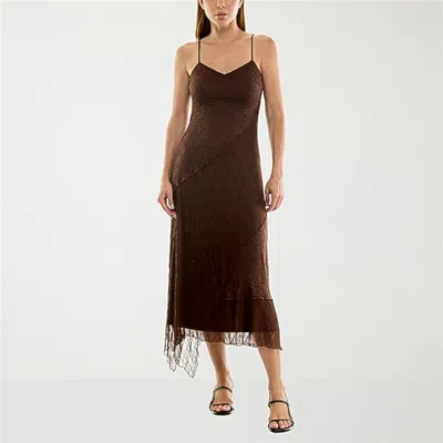 Trixxi Womens Midi V Neck Sleeveless Fit + Flare Dress In Brown