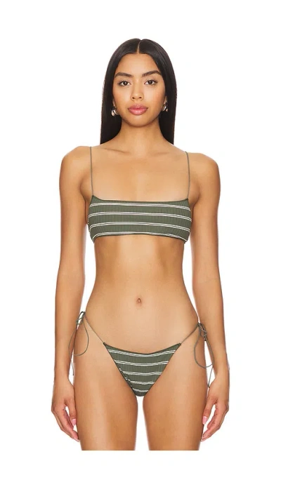 Tropic Of C The C Bralette Bikini Top In White & Olive Stripe Rib