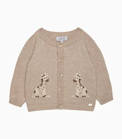 Trotters Kids' Cotton Giraffe Cardigan In Beige