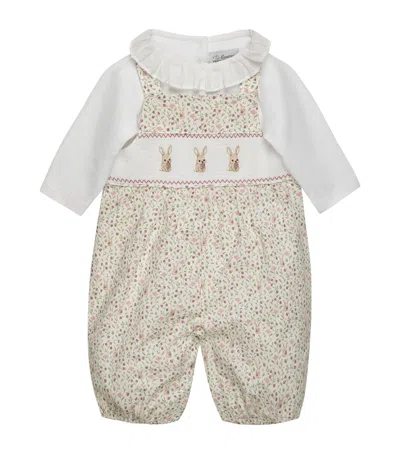 Trotters Kids'  Cotton Smocked Bunny Dungarees Set In Pink