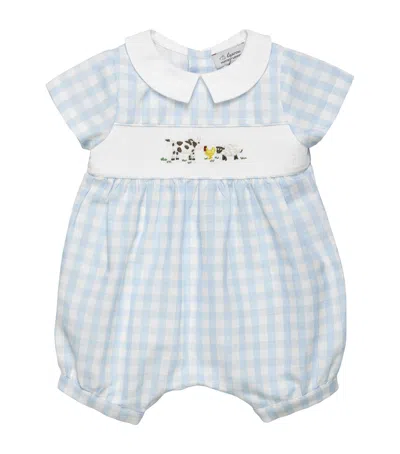 Trotters Babies' Linen-cotton Farmyard Romper In Blue