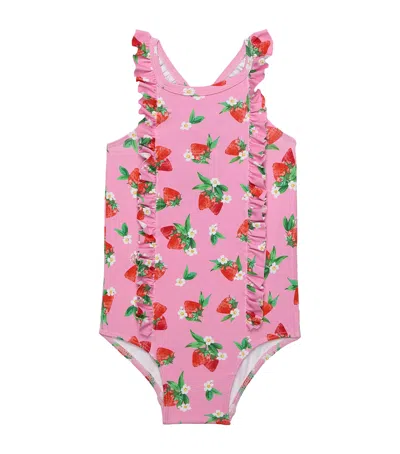 Trotters Babies'  Ruffle Strawberry Print Swimsuit In Multi