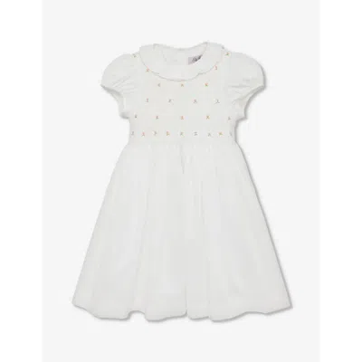 Trotters Kids' White Willow Rose Hand-smocked Cotton Dress 2-11