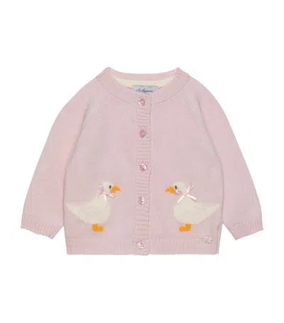 Trotters Kids' Wool-blend Duck Intarsia Cardigan In Pink