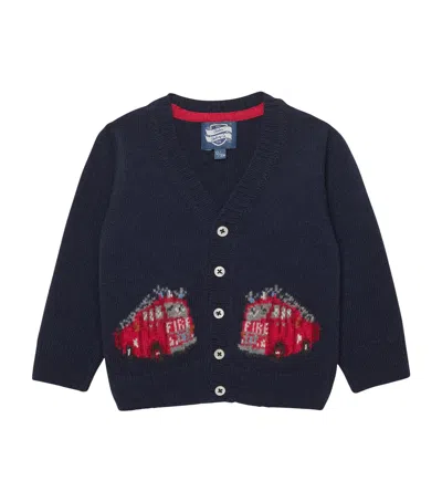 Trotters Kids' Wool-blend Fire Engine Cardigan In Blue