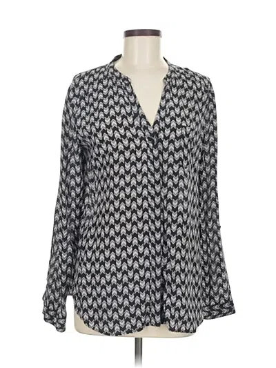 Pre-owned Trouve Long Sleeve Silk Top Black Chevron/herringbone Pattern Plunge Neckline Tops