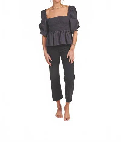 Trovata Alize Puff Shoulder Blouse In Black In Blue