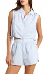 Trovata Ivy Cropped Tie Shirt In Blue Coastal Stripe In Blue