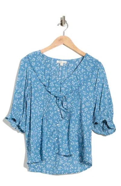 Trove New York Floral Ruffle Puff Sleeve Button-up Top In Blue
