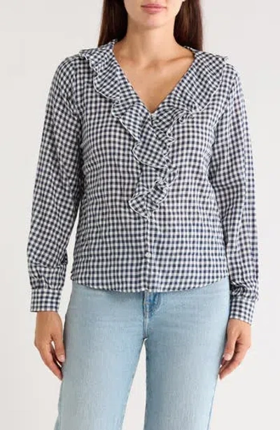 Trove New York Plaid Ruffled Woven Top In Gray
