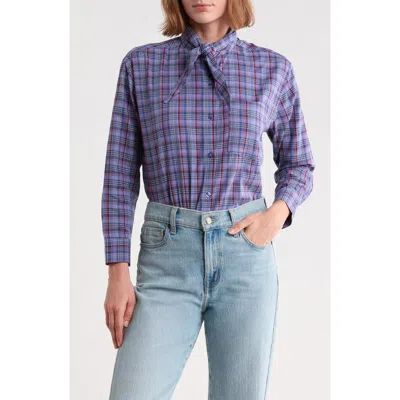 Trove New York Plaid Tie Neck Shirt In Frozen Blueberry