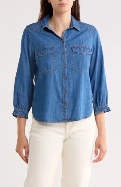 Trove New York Puff Sleeve Denim Button-up Shirt In Blue