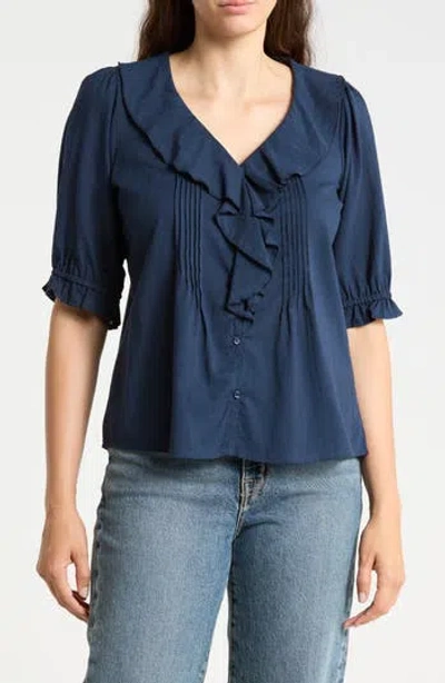 Trove New York Romantic Ruffle Button-up Shirt In Blue