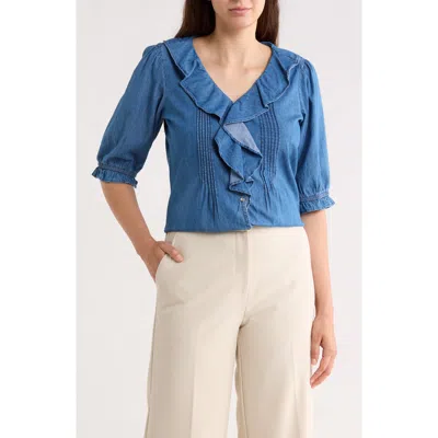 Trove New York Ruffle Puff Sleeve Denim Button-up Top In Blue