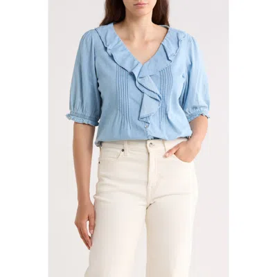 Trove New York Ruffle Puff Sleeve Denim Button-up Top In Blue