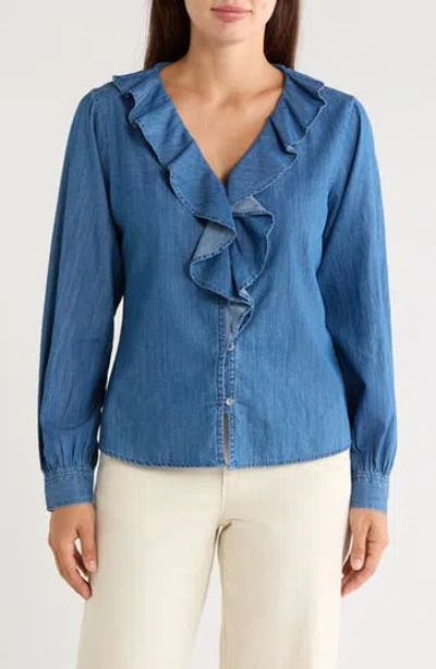 Trove New York Ruffled Cotton Denim Shirt In Medium Wash