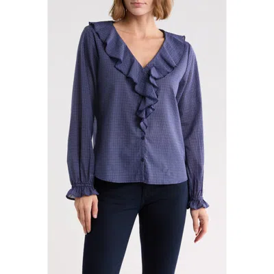 Trove New York Ruffled Neck Plaid Top In Blue
