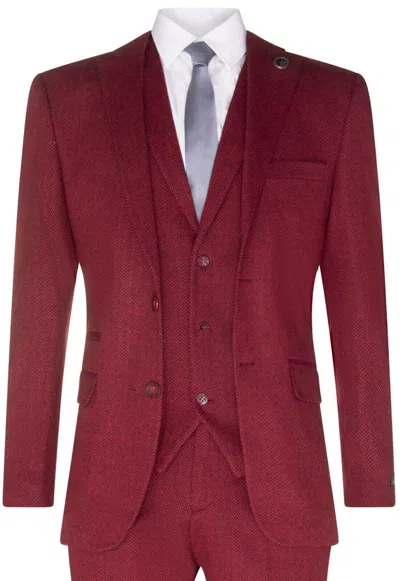 Pre-owned Tru Clothing Mens Wine 3 Piece Wool Tweed Herringbone Suit Peaky Blinders Classic Tailored In Red