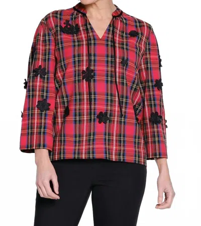 Tru Luxe Applique Tie Neck Top In Red Plaid