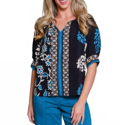Tru Luxe Border Print Pull Over Top In Black Multi