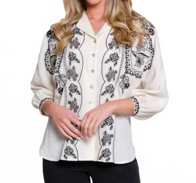 Tru Luxe Dolman Sleeve Embroidered Button Up Shirt In Ivory In Multi