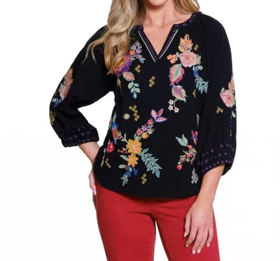 Tru Luxe Embroidered Split Neck Top In Black